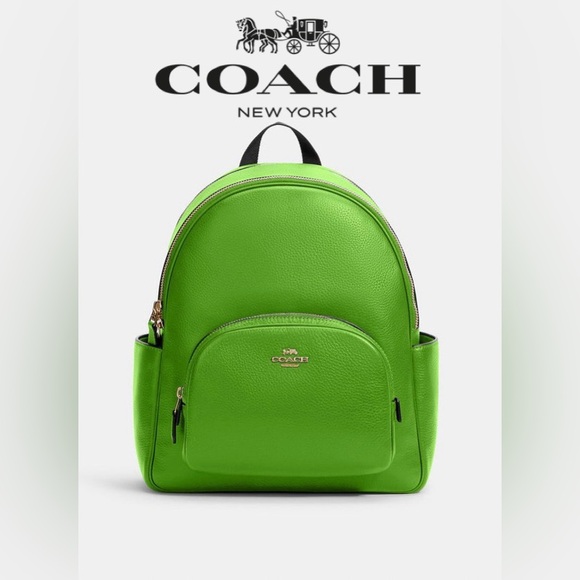 Coach “Court” Large Leather Neon Green Backpack With Two Zipped Compartments - Picture 1 of 8